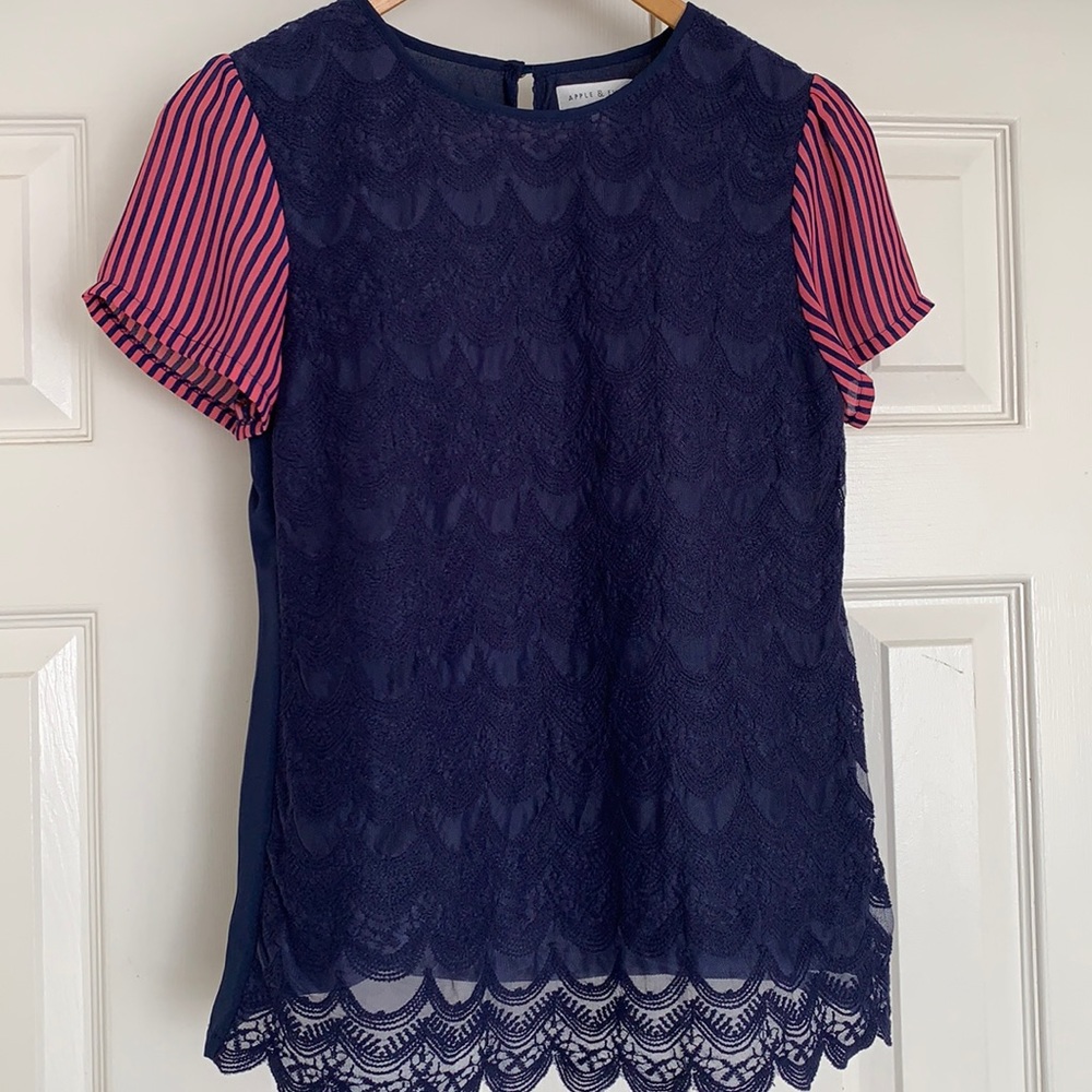 Apple & Eve blouse. Lined. Pink @ navy blue
